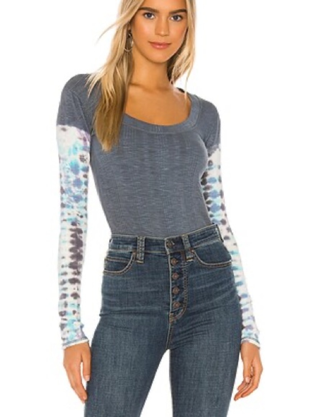Free People Big Sur Slate Blue Tie-Dye Long Sleeve Tee Large